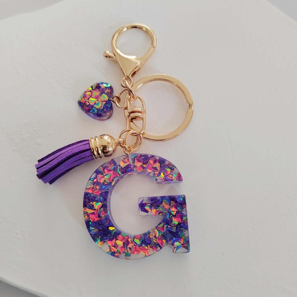 Candy Color Sequin Letter Keychain with Iridescent Heart and Tassel Charm