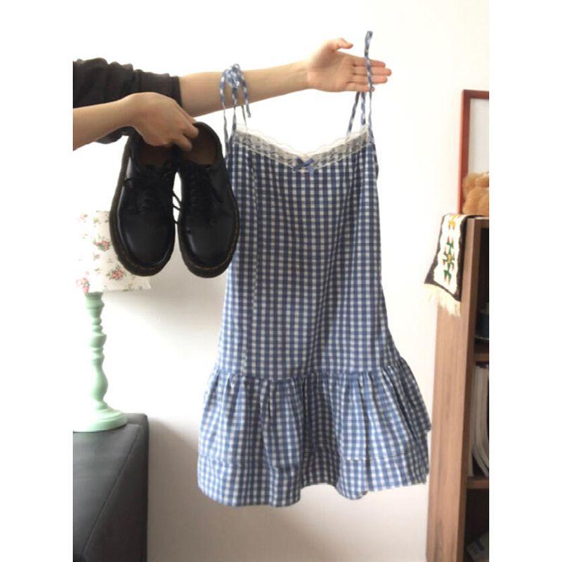 

Korean Style Sweet Plaid Stitching Lace Lace Bow Suspenders Dress Female Summer College Style Short Skirt Blue S