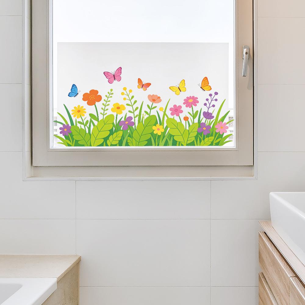 Simple and Fresh Grass, Flowers, Butterflies. Outdoor Balcony. Glass Windows. Window Stickers for Beautification.