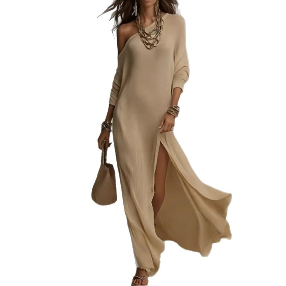Nuovo Abito Elegante da Donna Estivo in Maglia Manica Lunga Pieghettato con Spacco