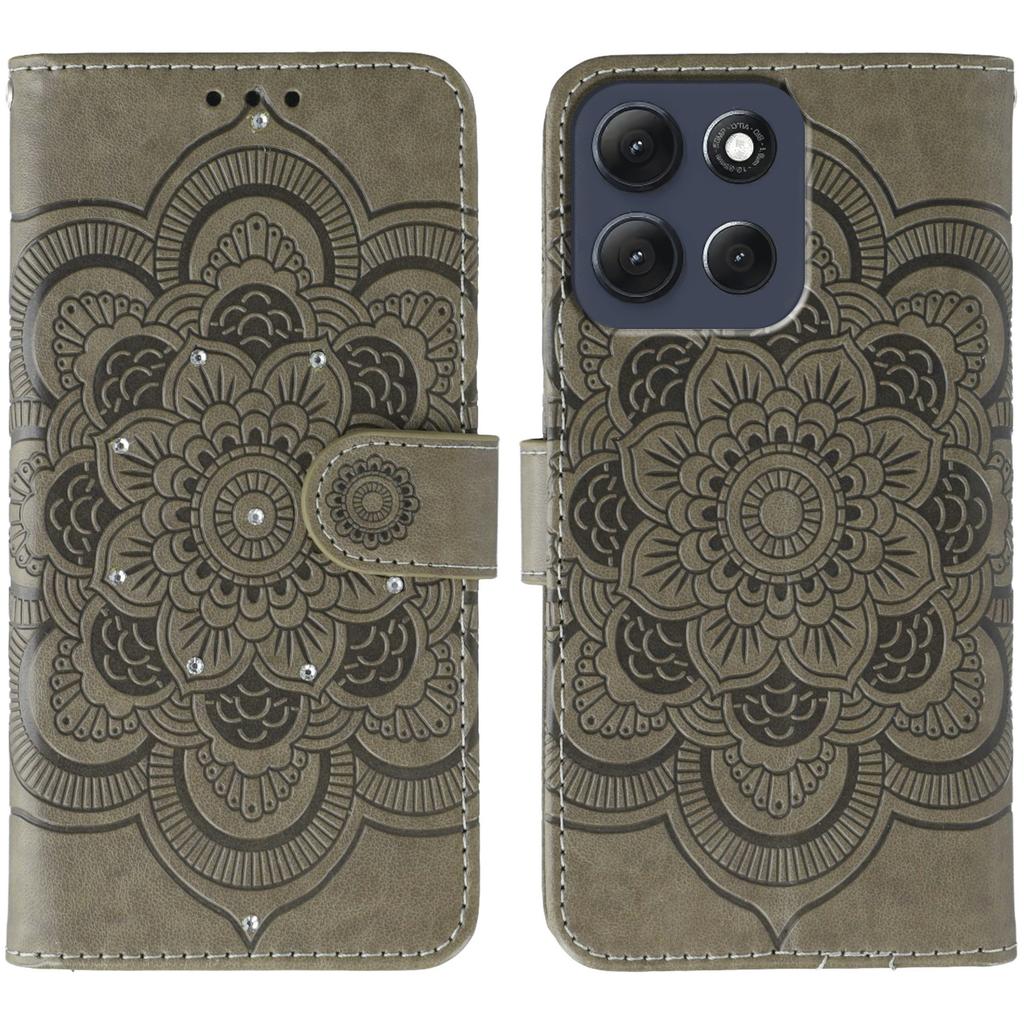 For Motorola Moto G86 5G Case Rhinestone Decor PU Leather Mandala Imprinted Design Phone Cover with Wrist Strap