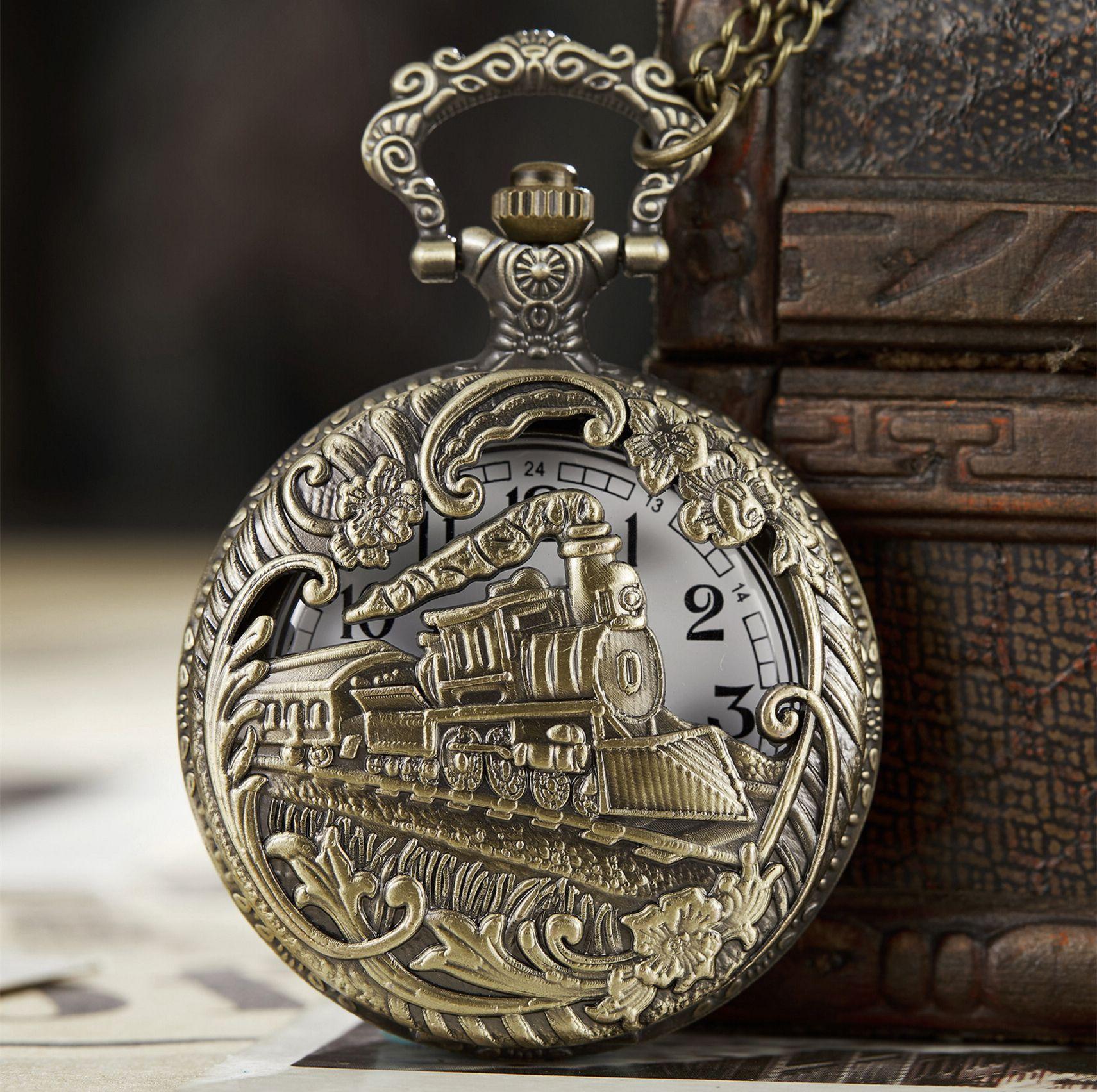 Изысканный Резной Полый Локомотив Тонкое Ожерелье Карманные Часы, Классические Ретро Ностальгические Кварцевые Большие Карманные Часы Партия бронзовый