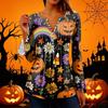 Women's Halloween Print V-Neck Long Sleeve Bell Sleeve Pleated Button Blouse