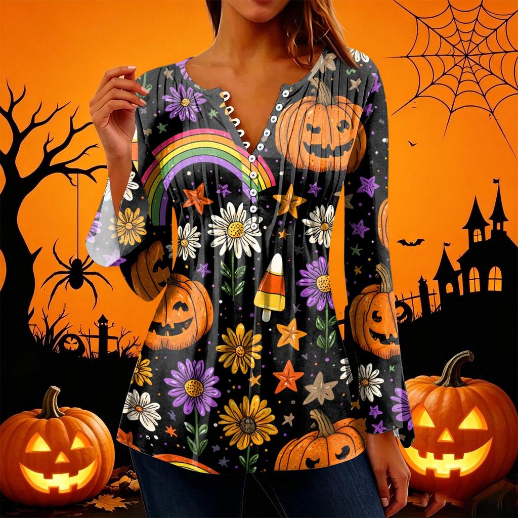 Women's Halloween Print V-Neck Long Sleeve Bell Sleeve Pleated Button Blouse