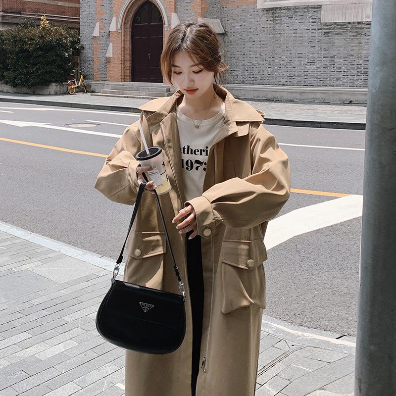 Khaki Hooded Windbreaker Coat Women's Long-cut Spring and Autumn Korean Style Large Size Versatile Casual Coat