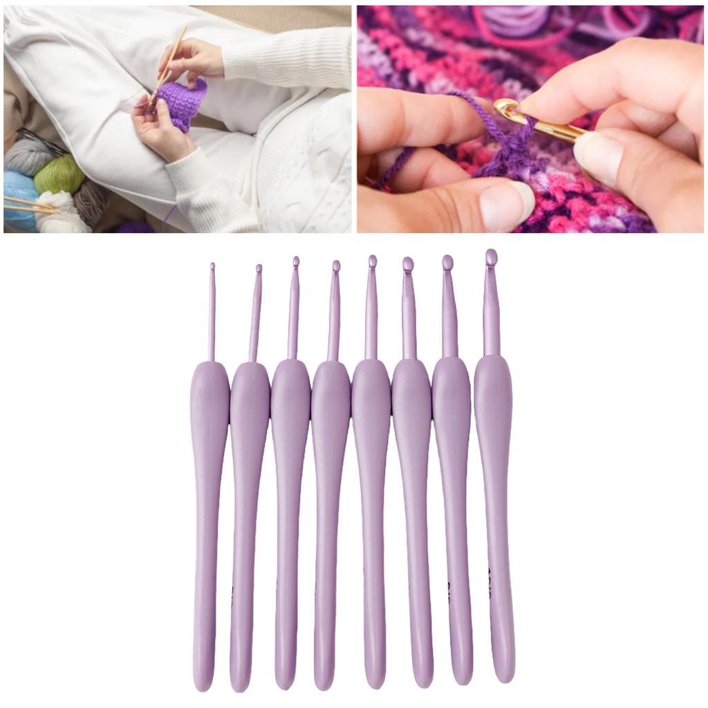 8Pcs Crochet Hook Set Plastic Knitting Needle Crochet Craft Yarn Weaving Tool with Ergonomic Grip Handle & Aluminum Tip