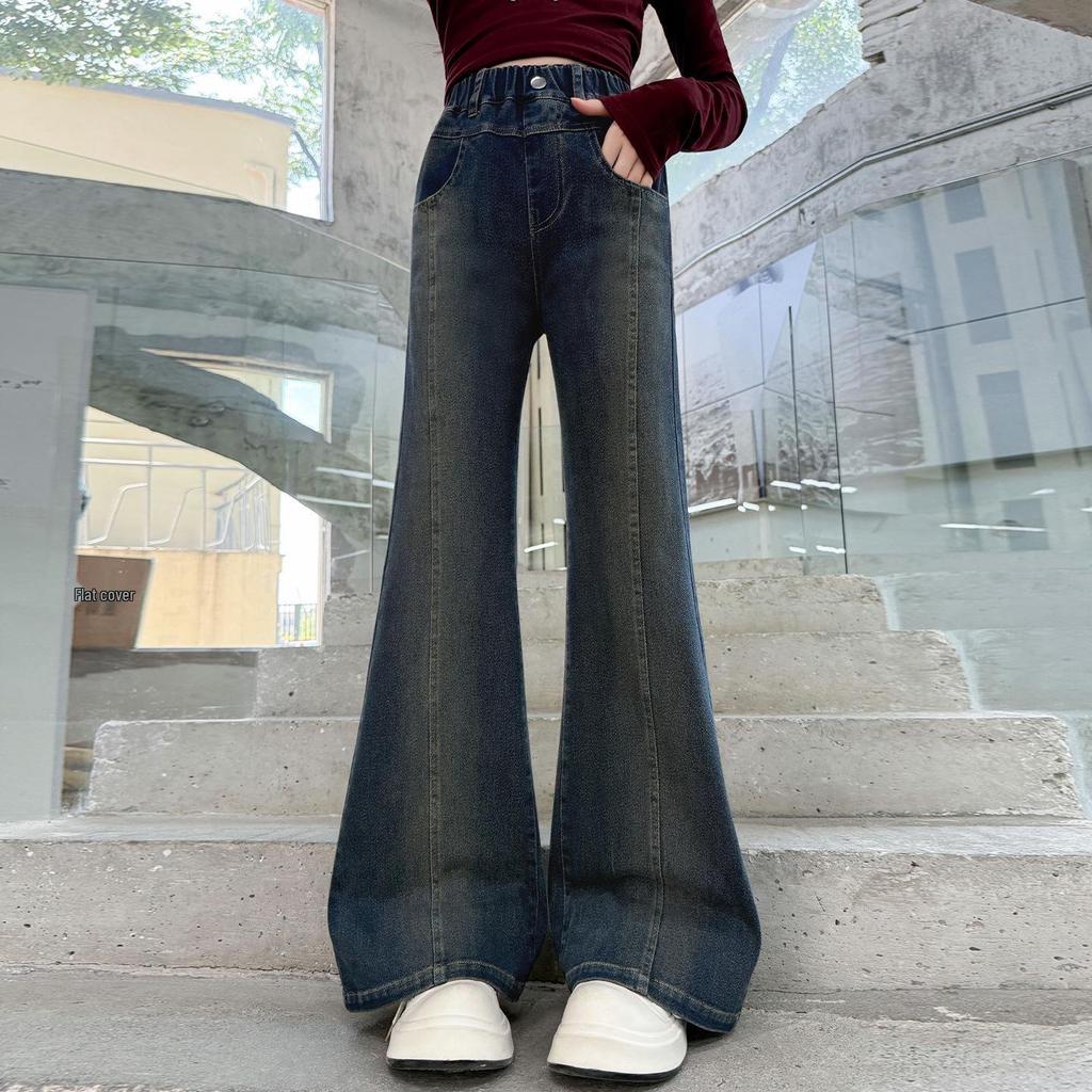 2025 New Korean Style Fleece Flared Pants for Girls - Autumn/Winter Elastic Straight-Leg for Middle School Students