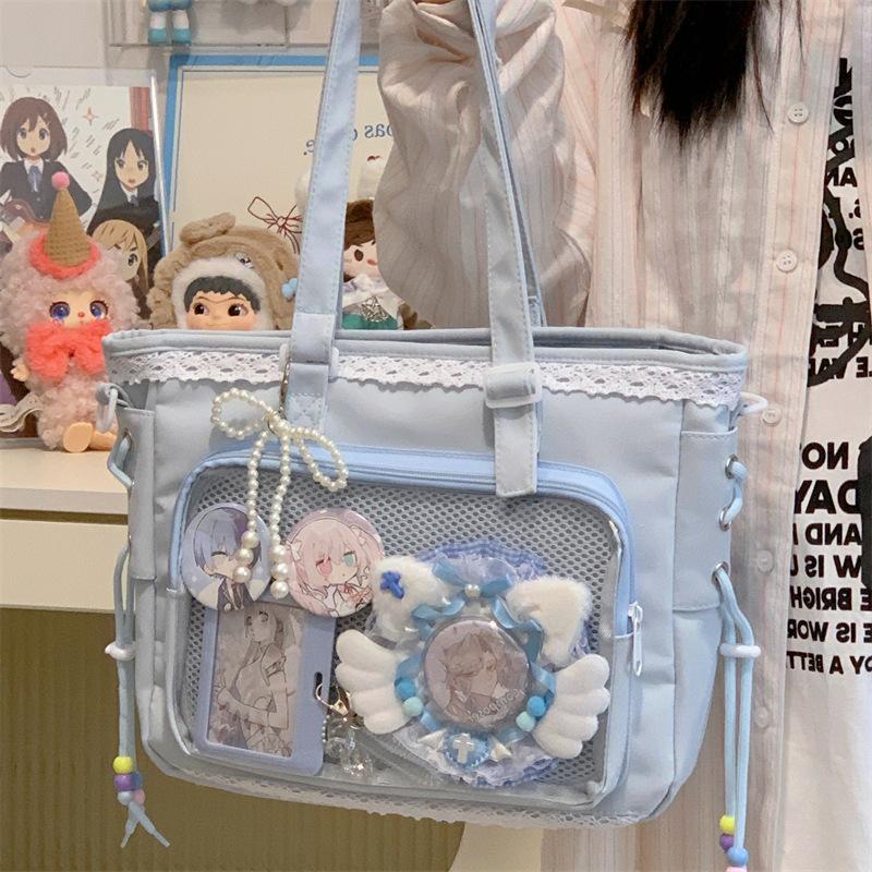 Japanese transparent lace pain bag daily baby bag shoulder bag female student two-dimensional commuter tote bag messenger