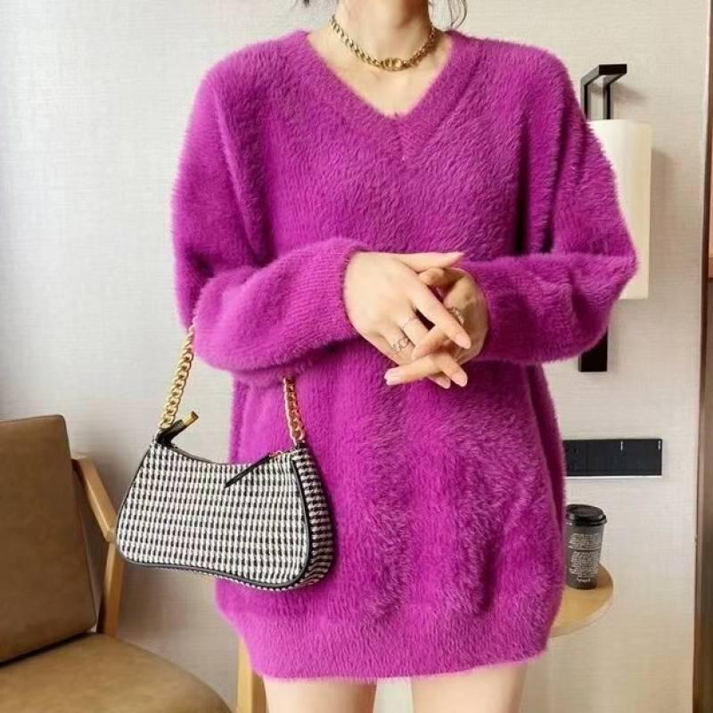 Women's High-End Korean Style V-Neck Pullover: Autumn/Winter Mink Velvet Knit Sweater