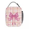 Pink Plaid, Bows And Stars Insulated Lunch Bag for Women Children Portable Food Boxes Thermal Lunch Box Tote
