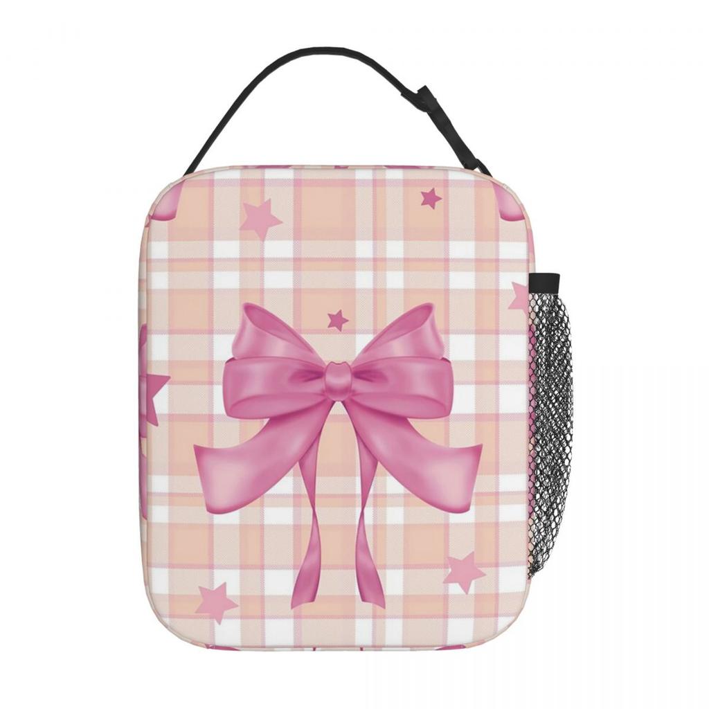 Pink Plaid, Bows And Stars Insulated Lunch Bag for Women Children Portable Food Boxes Thermal Lunch Box Tote