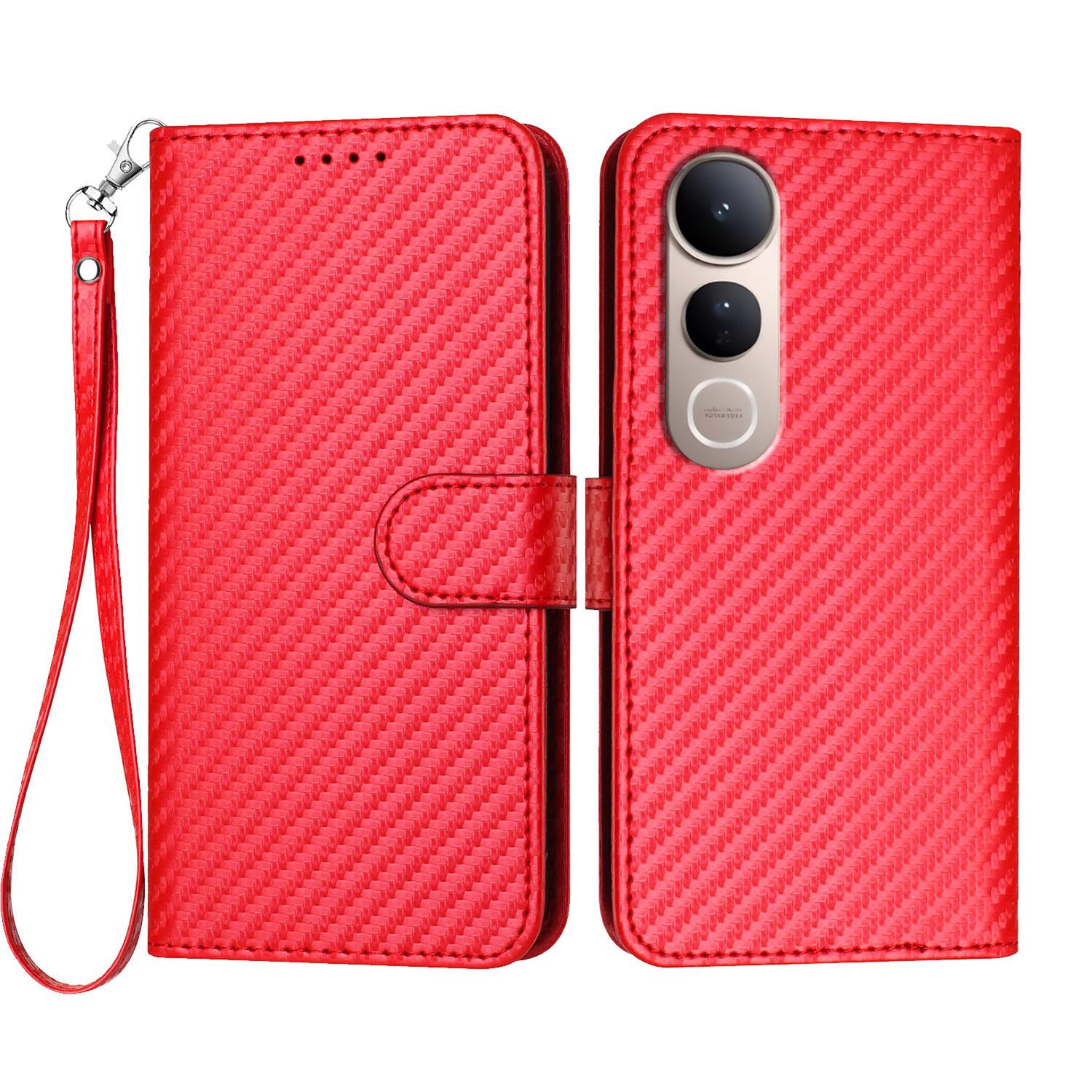 

Для vivo V50 Lite 5G Чохол-гаманець з ремінцем Шкіряний мобільний чохол з текстурою вуглецевого волокна Red