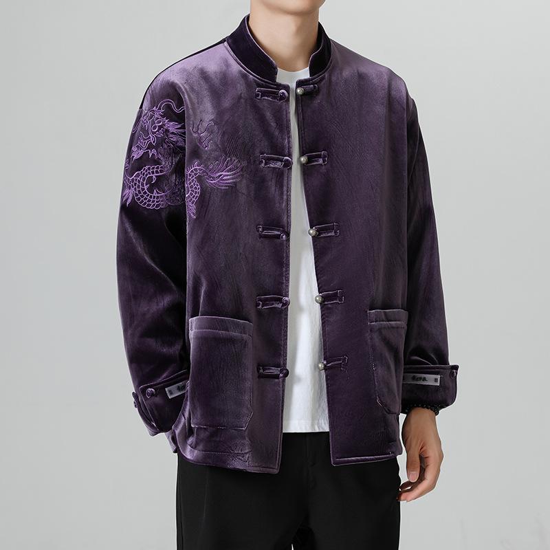 Nowy Chiński Styl Guochao Casualowy Aksamitny Materiał Wzór Smoka Haft Gruby Stojący Kołnierz Bawełniany Płaszcz w Stylu Starożytnym