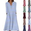 Women's Summer Casual V-Neck Button Stripe Printed Three-quarter Sleeve Long Dress With Pockets