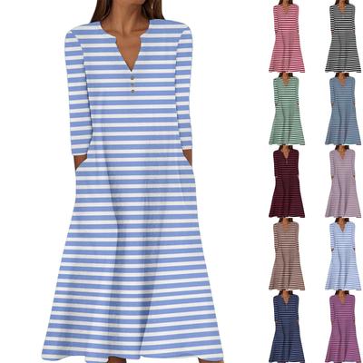 Women's Summer Casual V-Neck Button Stripe Printed Three-quarter Sleeve Long Dress With Pockets