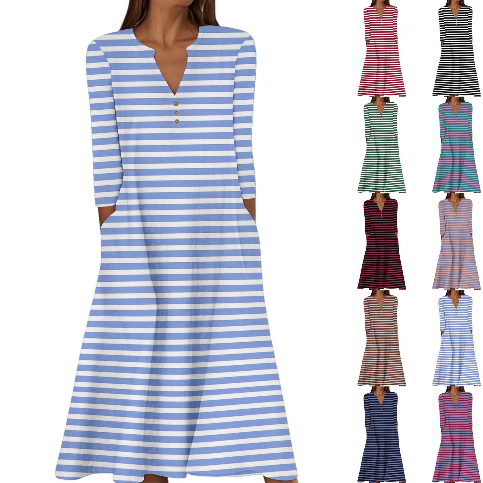 

Women s Summer Casual V-Neck Button Stripe Printed Three-quarter Sleeve Long Dress With Pockets XL небо синє кольору