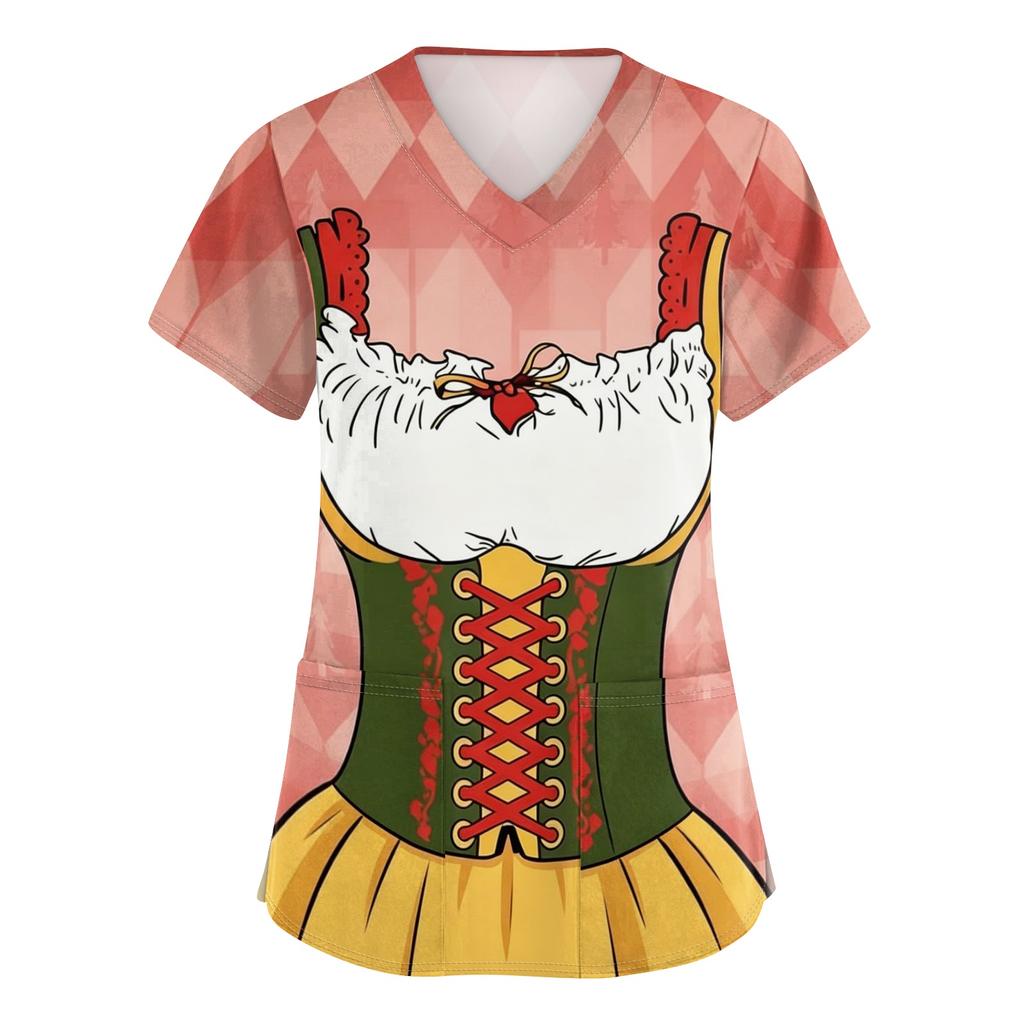 Women's V Neck Short Sleeve Work Shirt with Pockets Oktoberfest Print Medical Scrub Top Nursing Uniform Tee for Healthcare Professionals