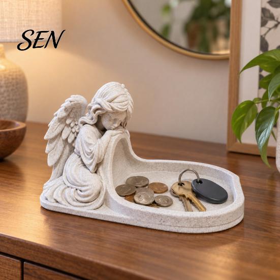 Detailed Carving Tray Ornament Angel Figurine Key Tray, Faux Stone Catchall Decorative Shape for Keys Desktop Storage Dish Entryway Table Home