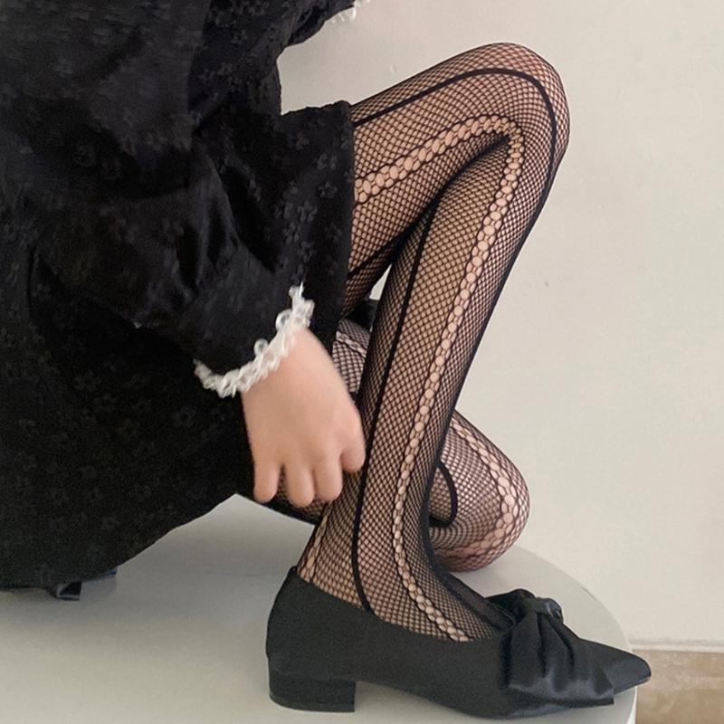 Women See Through Fishnet Mesh Pantyhose Stockings Japanese Aesthetic Hollowed Vertical Striped Pattern Tights Leggings