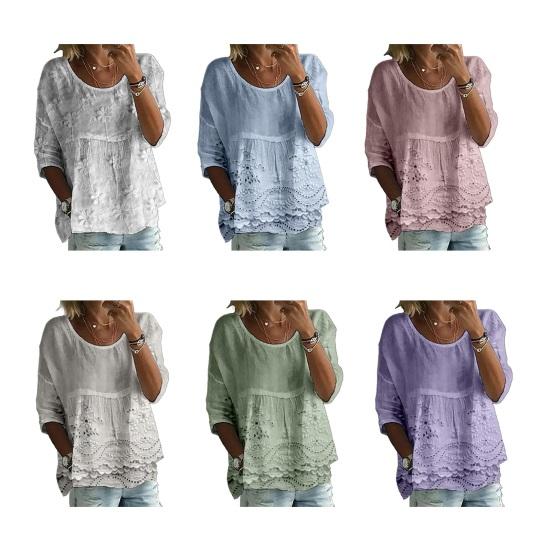 Damen T-Shirt Rundhalsausschnitt Halbe Ärmel Stickerei Blumenmuster Lockerer Saum T-Shirt Einfarbige Falten Design Sommer Oberteile