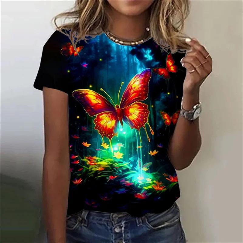Summer Round Neck Butterfly Pattern 3D Print Top Fashionable Casual Short Sleeved Women's T-shirts