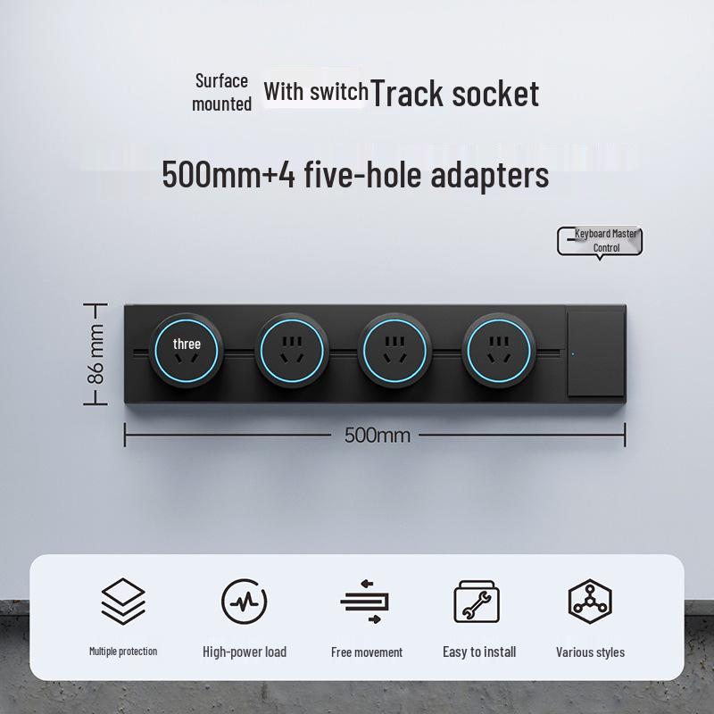 Surface-Mounted Anti-Shock Adjustable Power Strip with Switch Track for Kitchens