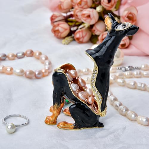 FJ FENGZHIJIE Doberman Dog Figurine Jewelry Box with Hand-Painted Details and Hinged Lid, Golden Crystal Enamel, Animal Keepsake, Special Occasion Gif