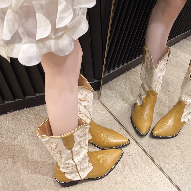 Fashion New Western Chunky Heel Cowboy Boots Women Embroidered Pointes Toe Black Leather Mixed Colors Mid Boots Winter Designer Shoes