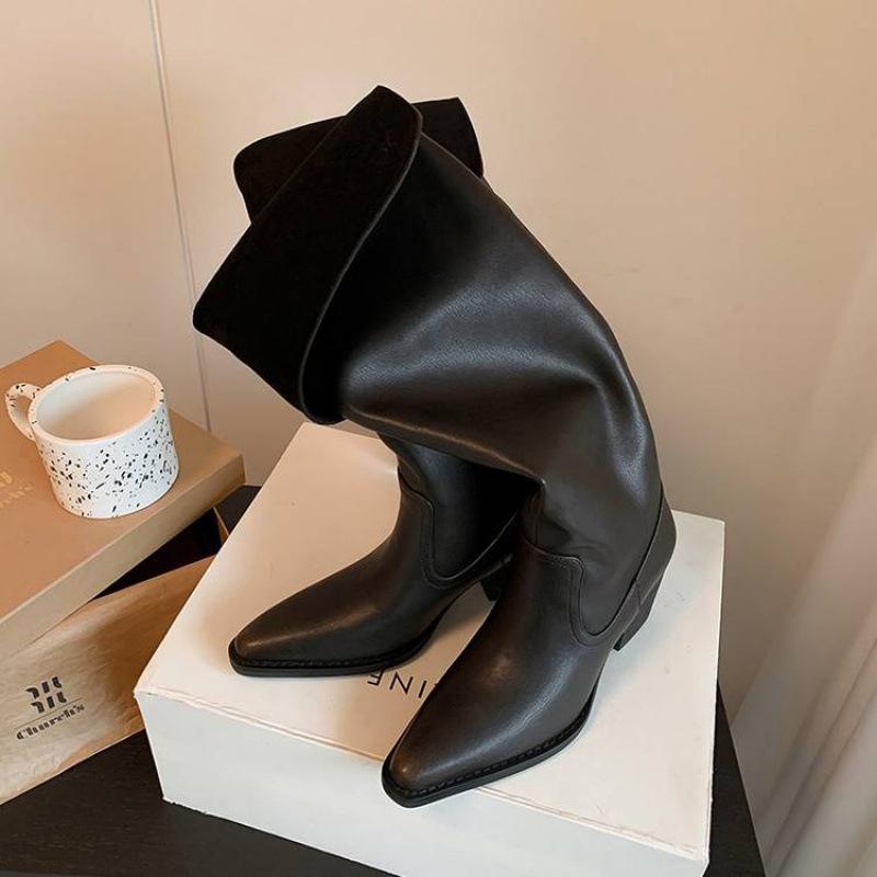 Autumn and winter high-heeled large-size women's boots, genuine leather women's leather boots, cowhide can be folded, wear more square and versati