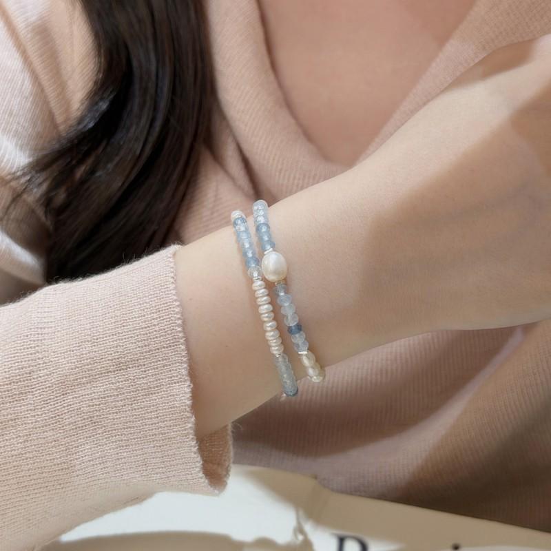Handmade Sterling Sea Blue Topaz Bracelet With Freshwater Pearl Stackable Design Women Ins Style