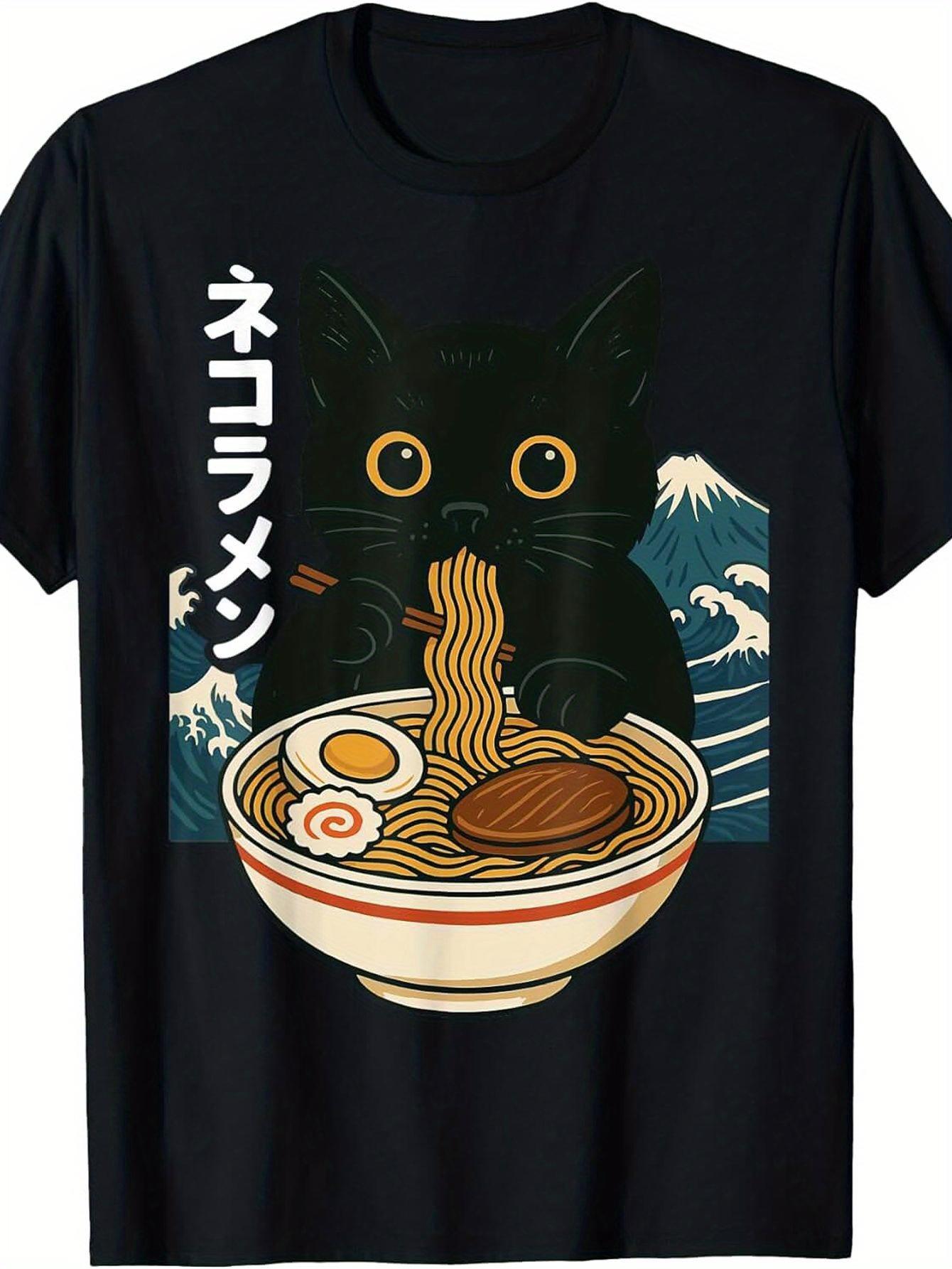 MenS Anime Cat Eating Ramen TShirt  Retro Kawaii Japanese Manga Graphic Tee with Cat  Ramen Bowl Design S