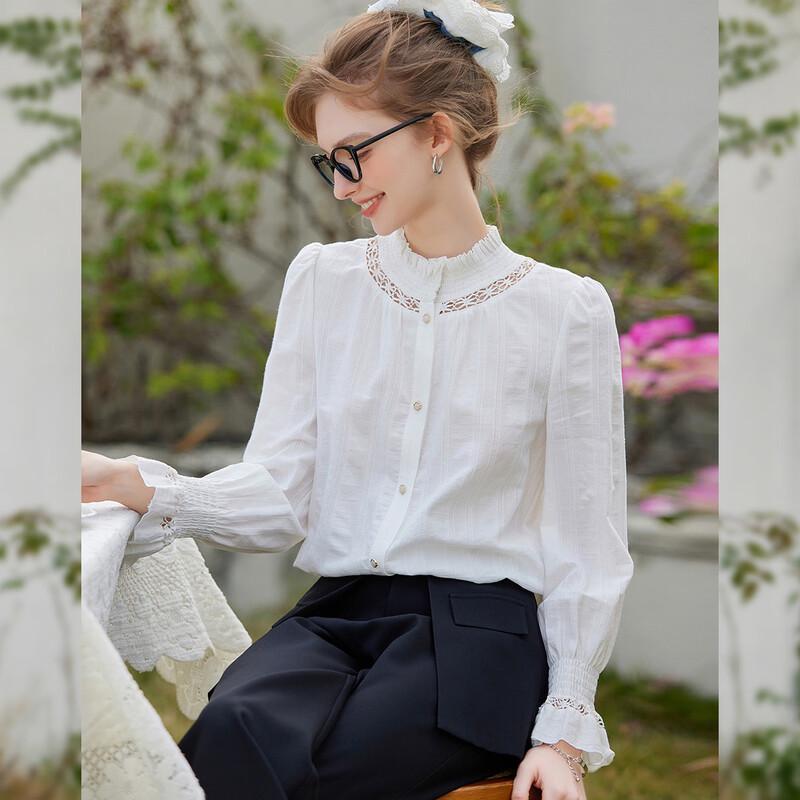Bailuyu Women s Stand-Up Collar Shirred Cuff Long Sleeve Shirt S