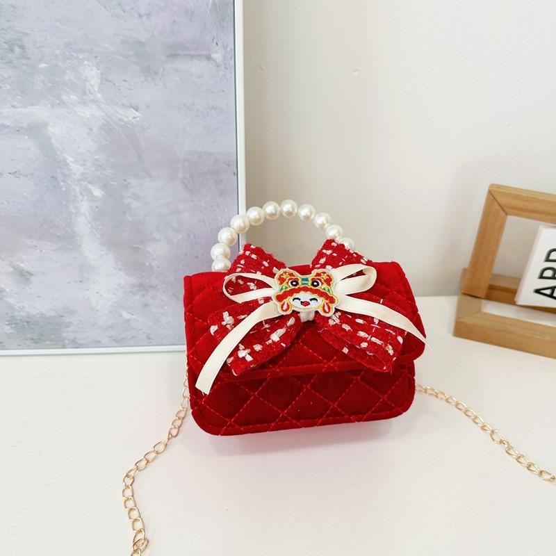 Red Cute Delightful Bowknot Childrens Handbag With Trendy Chain And Handle Pearl