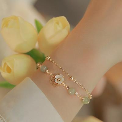 Natural Hetian Jade Flower Bracelet Women Double Layer Stackable Daily Wear Sweet Style