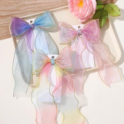 Elegant Rainbow Color Long Lace Bows Ribbons Hairpins Headdresses Girls Princess Hair Clips for Children's Hair Accessories
