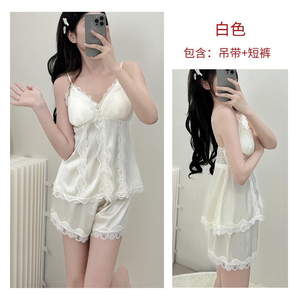French Style Light Luxury Spaghetti Strap Shorts Set for Women, Summer with Chest Pad, Home Lace Loungewear, Thin Ice Silk Women's Pajamas