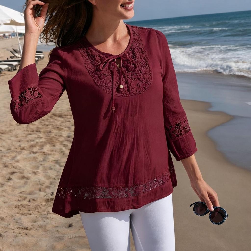 New autumn, cotton and linen splicing lace temperament European and American/loose sleeves, women's top T-shirt