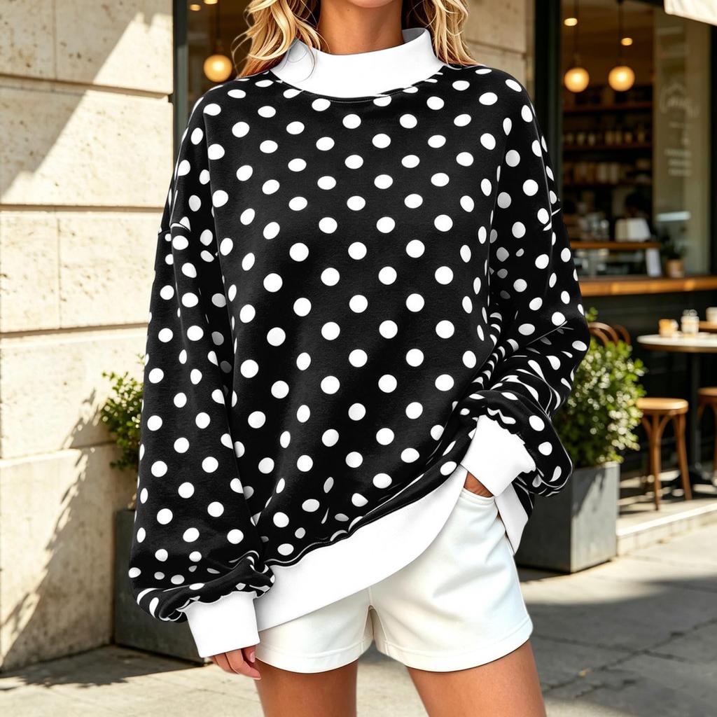 Women's Long Sleeve Polka Dot Print Casual Pullover Blouse