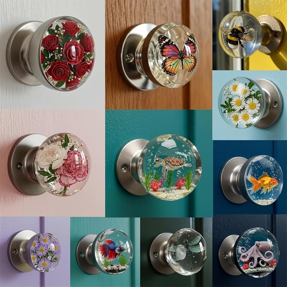 Retro Round Resin Door Handle - Realistic Fish and Floral Design, Crystal Transparent Spherical Door Handle, Artistic Natural Style Decoration