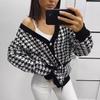 V-Neck Women Button Black Houndstooth Cardigan Long Sleeve Sweater Autumn Winter Knitted Loose Oversized Jumper Casual