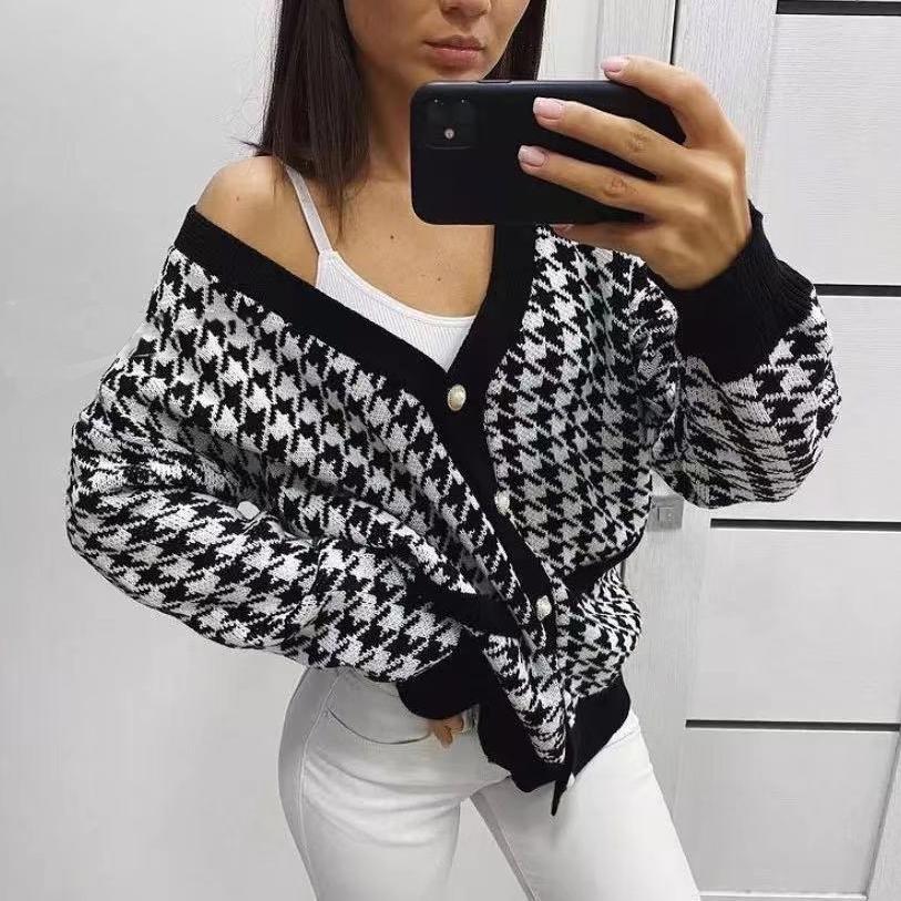 V-Neck Women Button Black Houndstooth Cardigan Long Sleeve Sweater Autumn Winter Knitted Loose Oversized Jumper Casual