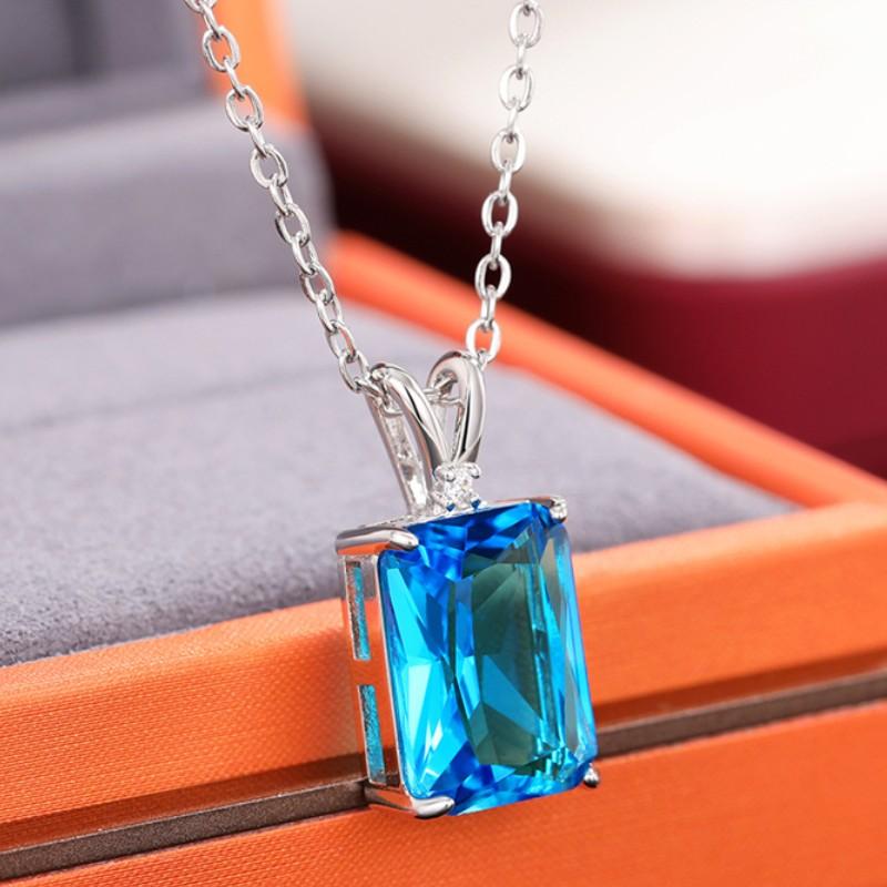 Huitan Blue Cubic Zirconia Pendant Necklace for Women Simple Luxury Bridal Wedding Party Neck Necklaces Gift New Arrival Jewelry