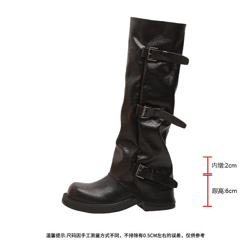 ~ Belt Buckle Square Round Head Pleated Medium Tube Knight, Autumn and Winter Pleated Stacked Pants Tube Women's Boots
