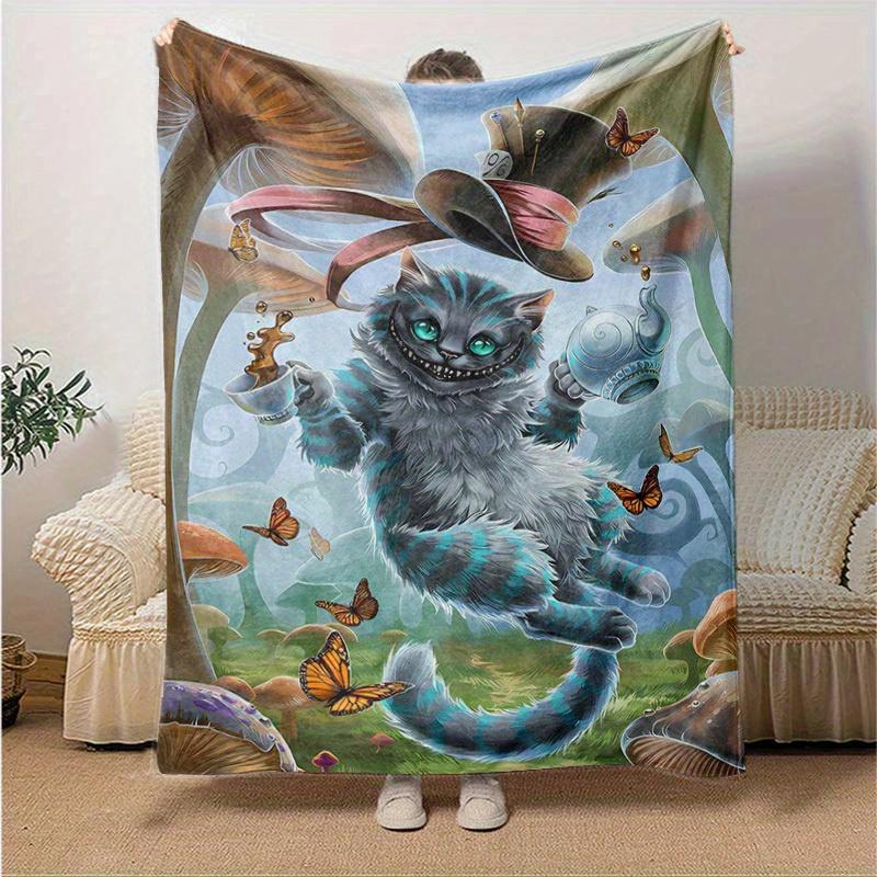 1pc, Wonderland Cheshire Cat Plush Blanket - Perfect for All Seasons, Home Decor, Soft Flannel Throw Blanket - Versatile & Cozy for Bedroom,