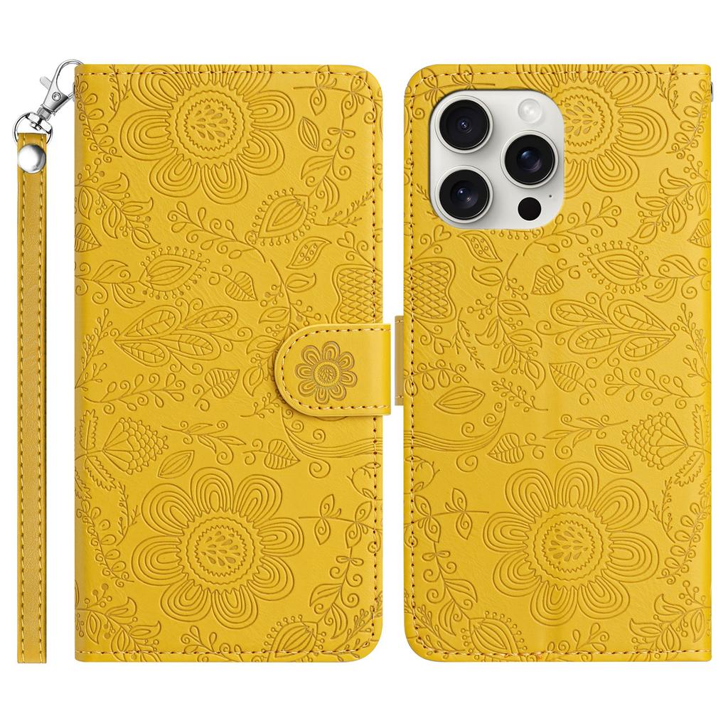 For iPhone 16 Pro Case Flower Imprint Leather Flip Wallet Phone Cover with Wrist Strap