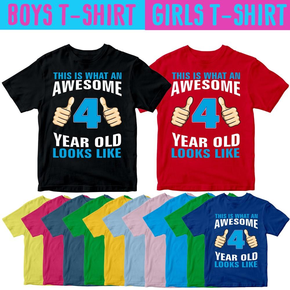 

Birthday Gift T-Shirt Awesome 4 Year Old Looks Like Boys Tee L