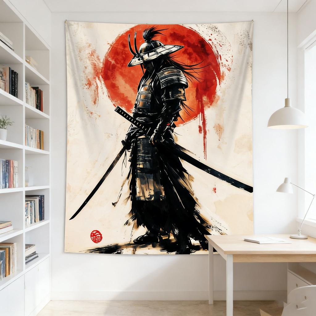 Sanzugh Japanese Samurai Tapestry, Cool Black Red Sun Anime Wall Hanging, Aesthetic Decor For Men'S Bedroom & Dorm