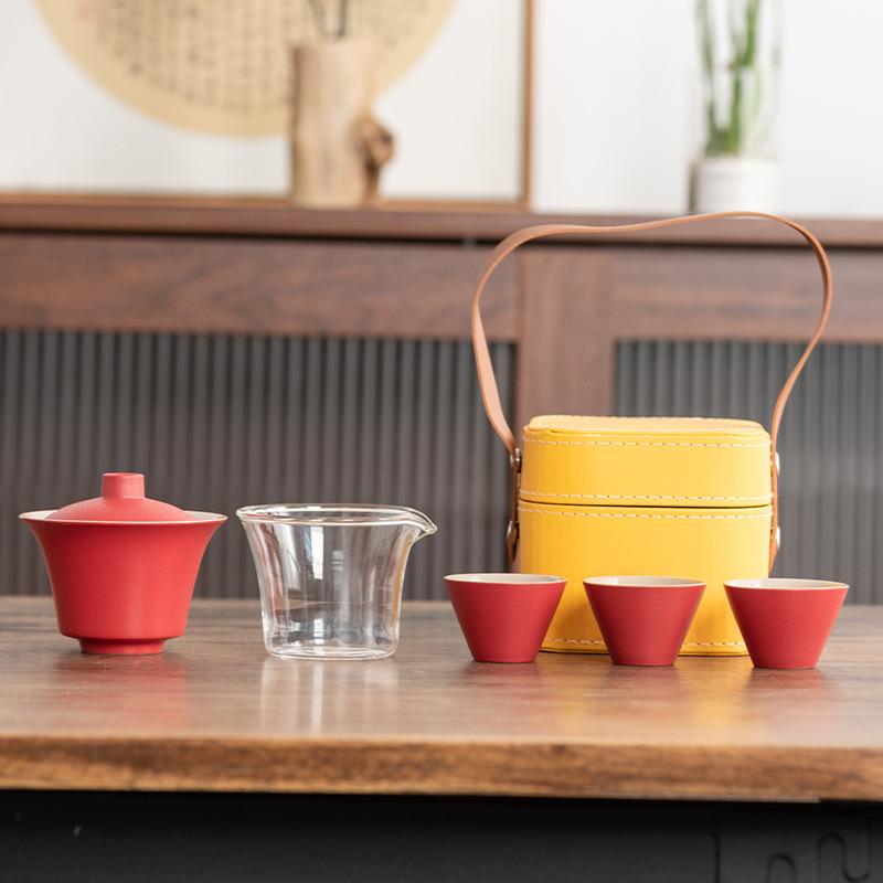 Light Luxury Travel Tea Set Cover Bowl Kuaike Three Cups Outdoor Portable Handbag High-end Ceramic Glass Tea Maker Gift
