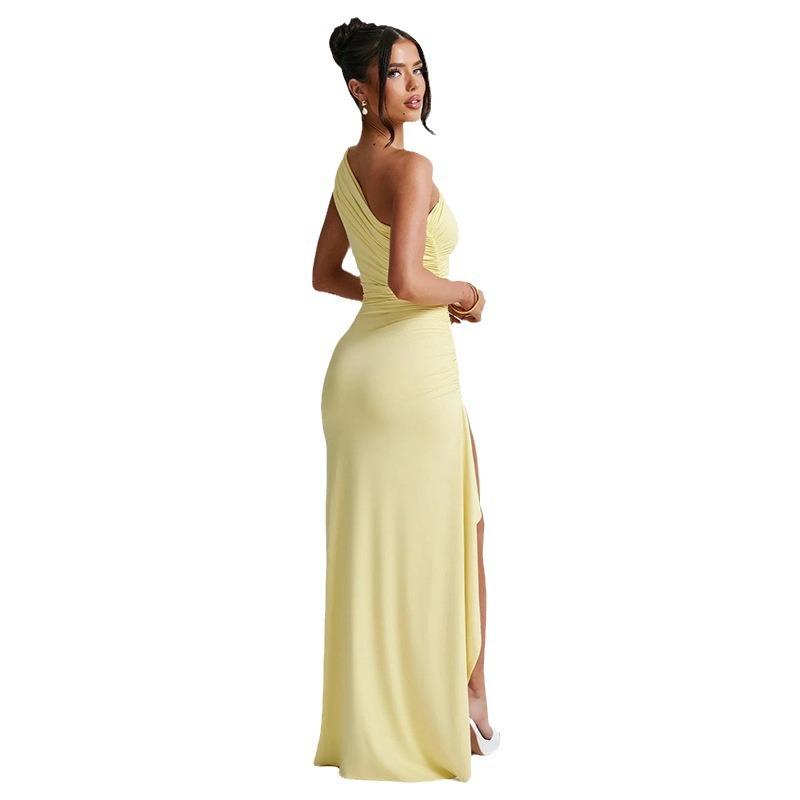 European and American summer 2026 new fashion temperament sexy slanted shoulder pleated elastic split sleeveless dress women