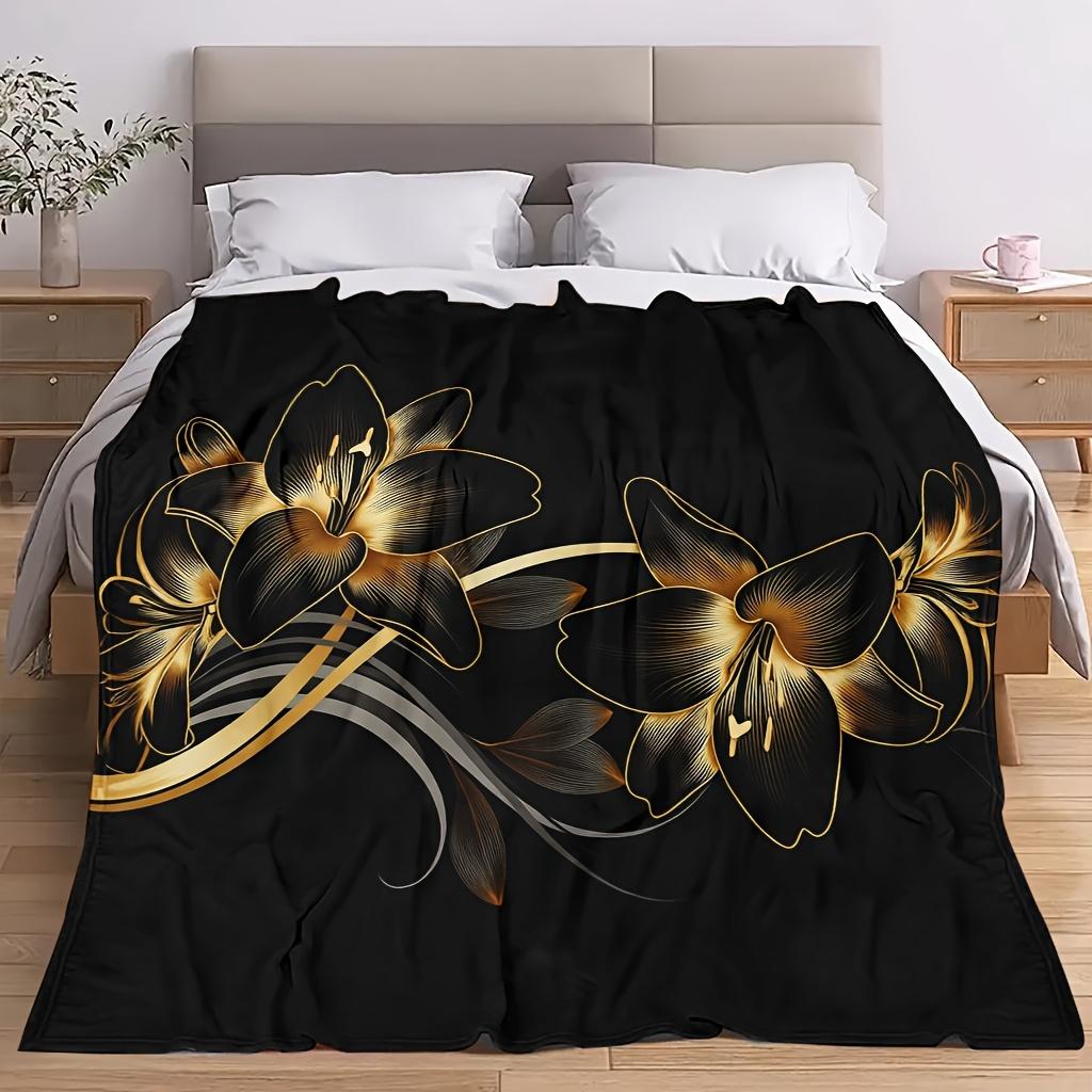 Comfortable Floral Pattern Fleece Blanket Soft High-Definition Digital Print Black And Golden Flowers Design All-Season Use! Soft Breathable 100% Poly